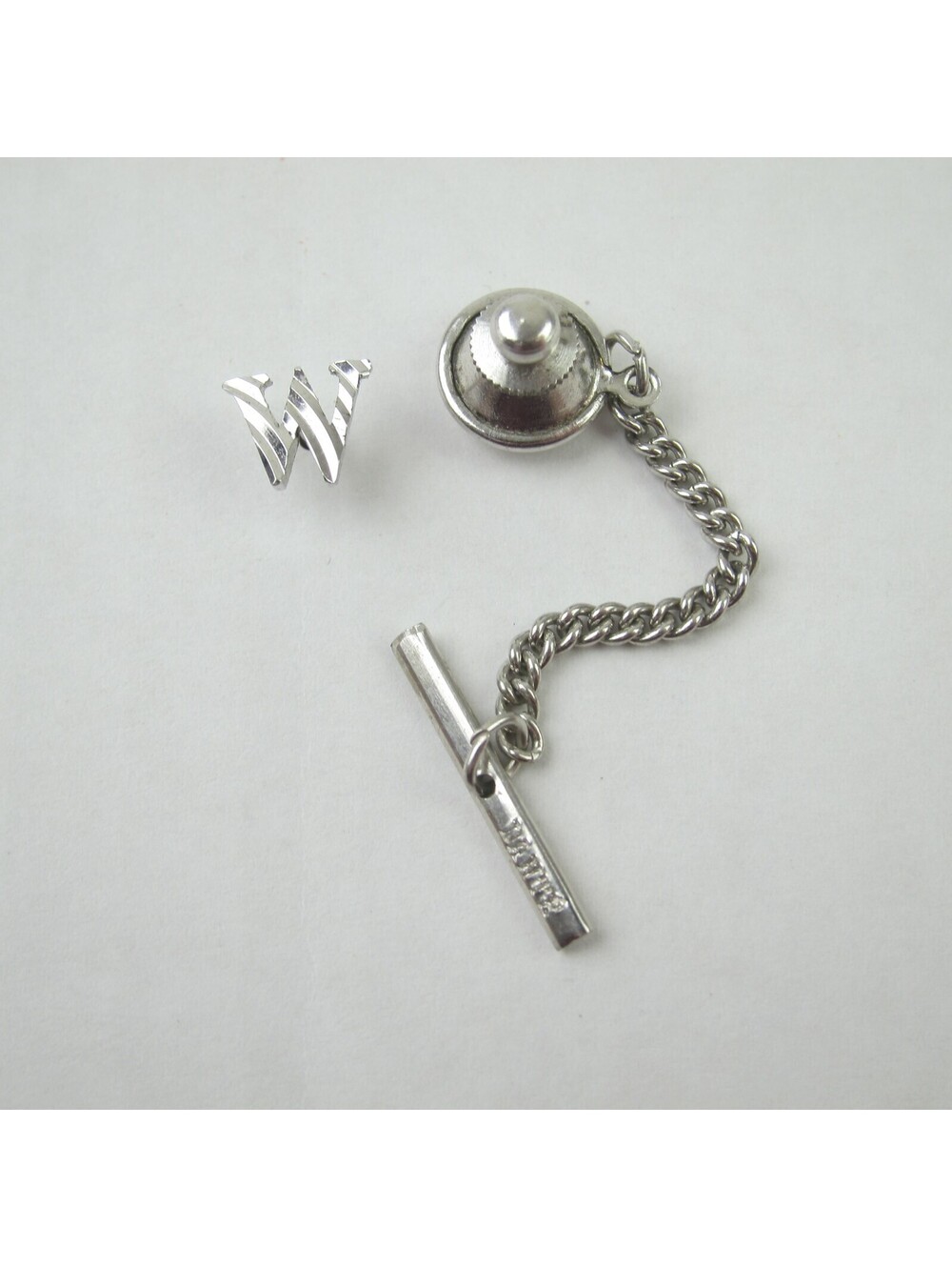 Vintage Monogram Letter W Initial Tie Tack Lapel Pin Silver tone Chain Tie Bar